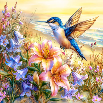 Hummingbird perched on a pink flower fabric panel