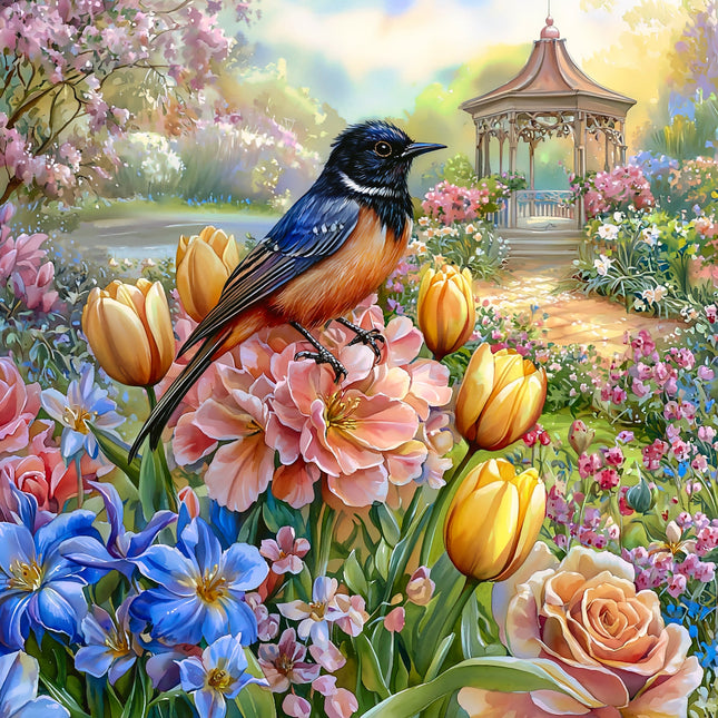 Bird perched on a flower in a colorful garden with a gazebo in the background quilt panel