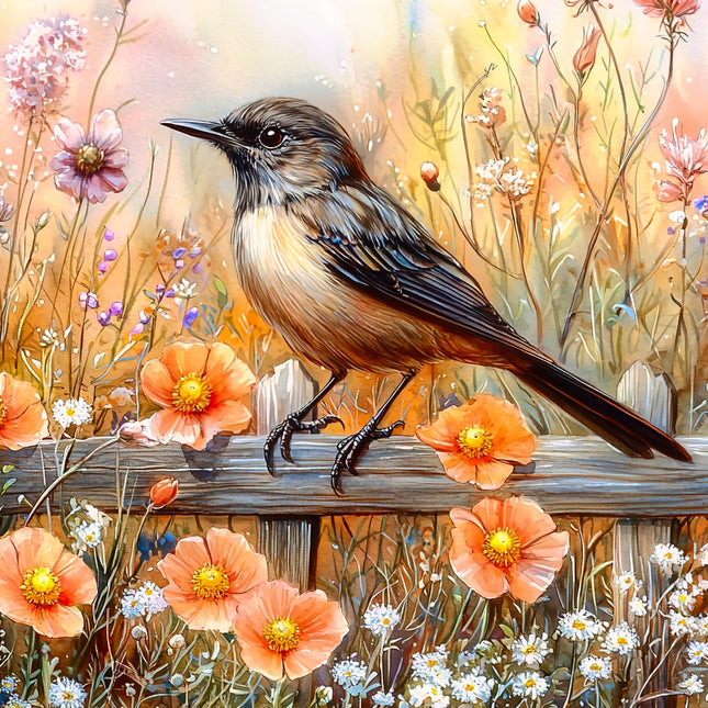 Bird perched on a branch surrounded by flowers fabric panel