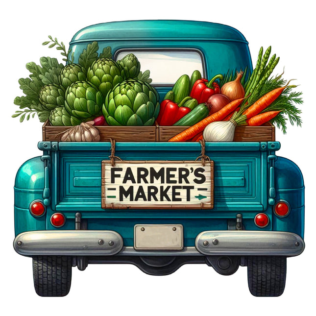 Blue truck with a 'Farmer's Market' sign and fresh vegetables in the back fabric panel