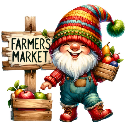 Gnome with colorful hat and overalls holding a crate of fruits quilt block