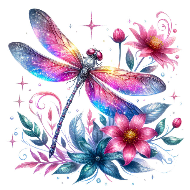 Colorful dragonfly and flowers fabric panel