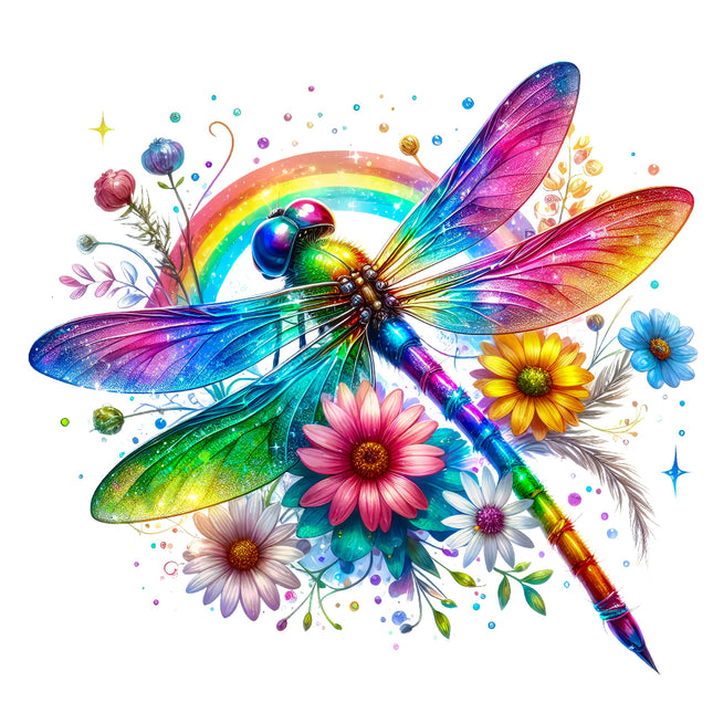Colorful dragonfly surrounded by flowers and a rainbow fabric panel