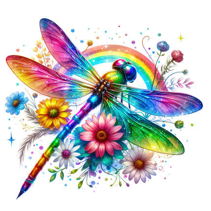 Colorful dragonfly surrounded by flowers quilt panel