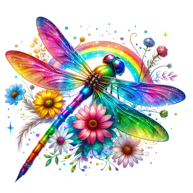 Colorful dragonfly surrounded by flowers quilt panel