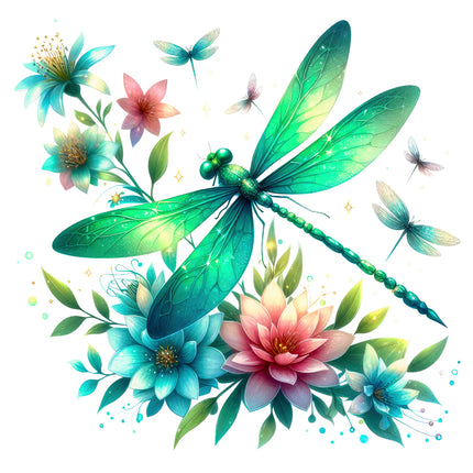 Colorful illustration of dragonflies and flowers quilt panel