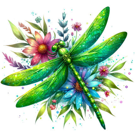 Colorful illustration of a dragonfly and flowers fabric panel