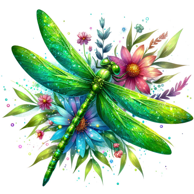 Colorful illustration of a dragonfly and flowers quilt panel