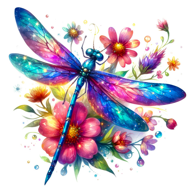 Colorful dragonfly illustration with flowers fabric panel