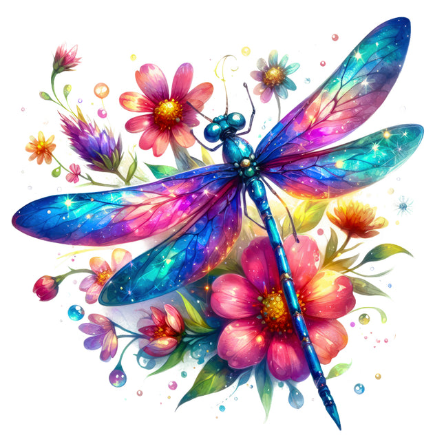 Colorful dragonfly and flowers quilt block