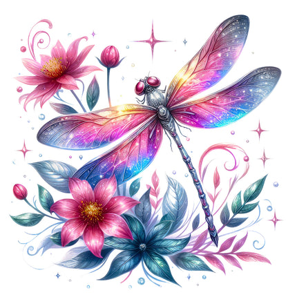 Colorful dragonfly and flowers quilt block