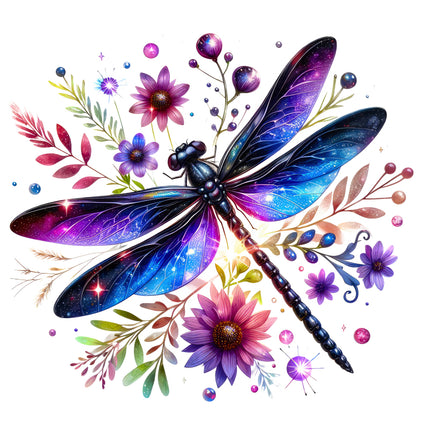 Colorful dragonfly illustration with flowers and leaves quilt block