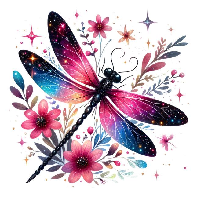 Colorful dragonfly illustration with flowers and stars quilt block
