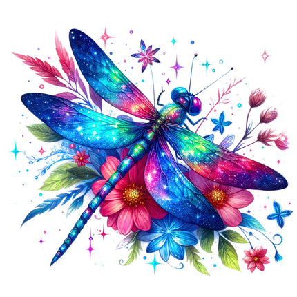 Colorful dragonfly illustration with flowers and leaves quilt block