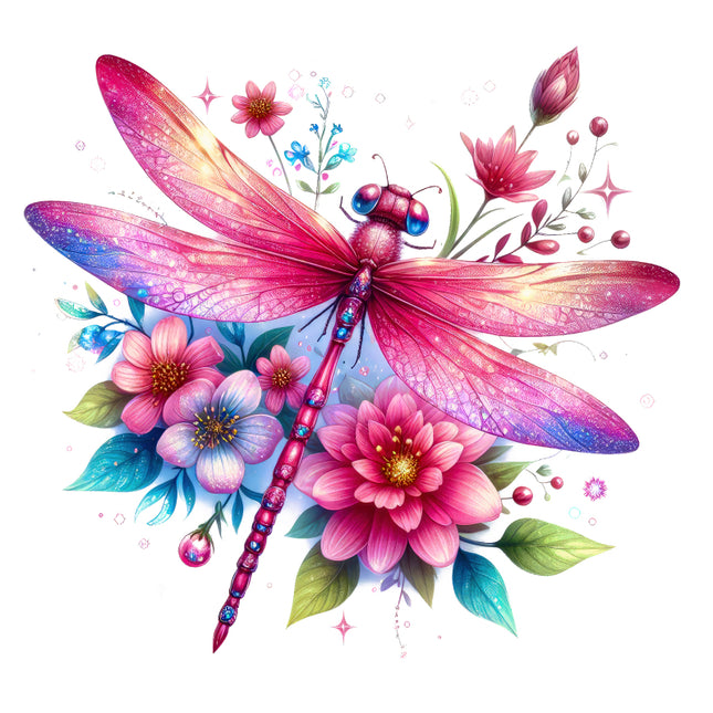 Colorful dragonfly and flowers quilt block