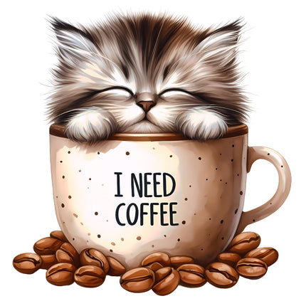 I Need Coffee Cat in Cup 100% Cotton Fabric Panel Block BB93