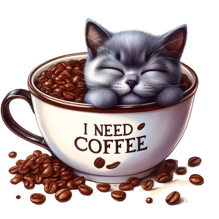 I Need Coffee Cat in Cup 100% Cotton Fabric Panel Block BB95