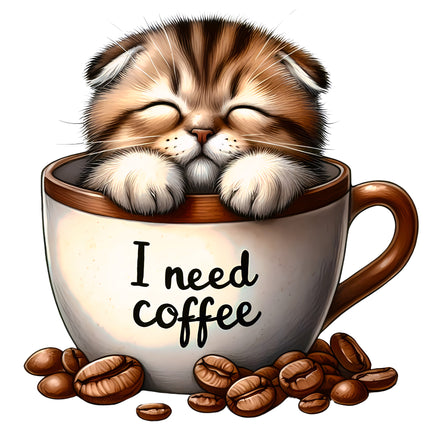 I Need Coffee Cat in Cup 100% Cotton Fabric Panel Block BB96