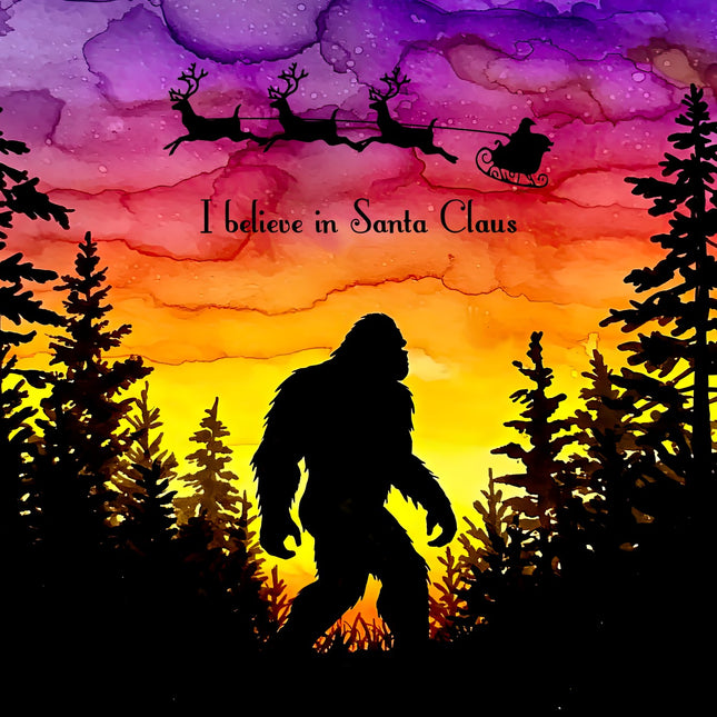 Silhouette of a bigfoot in a forest with Santa Claus and reindeer in the sky against a colorful sunset fabric panel