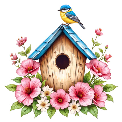 A fabric panel block depicting a wooden birdhouse with a blue roof, surrounded by pink and white flowers and a bird perched on top.