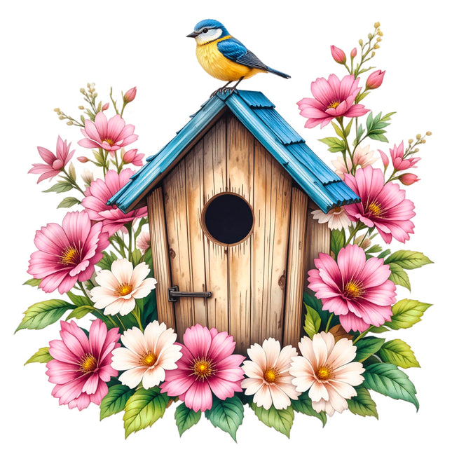 A fabric panel block depicting a wooden birdhouse with a blue roof, surrounded by pink and white flowers and a bird perched on top.