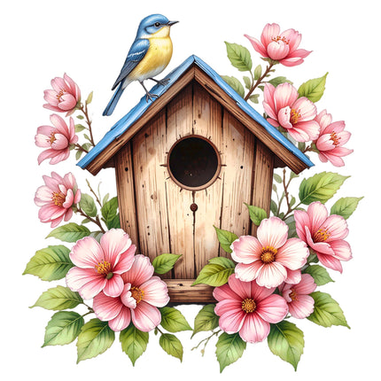 A fabric panel featuring a wooden birdhouse 