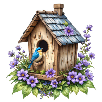 A fabric panel block featuring a wooden birdhouse with a blue bird perched on it fabric panel
