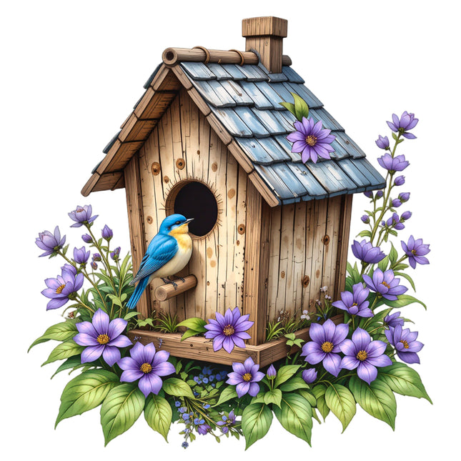 A fabric panel block featuring a wooden birdhouse with a blue bird perched on it fabric panel
