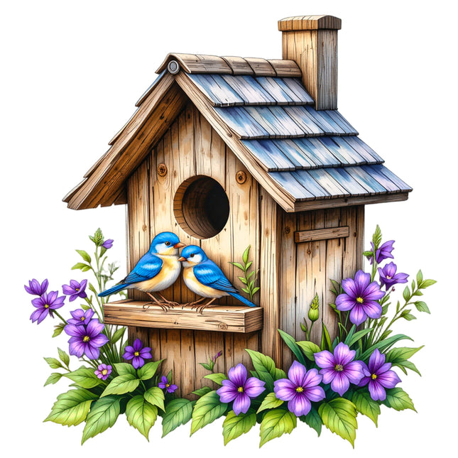 A fabric panel block depicting a wooden birdhouse with a blue bird perched on it, surrounded by purple flowers.