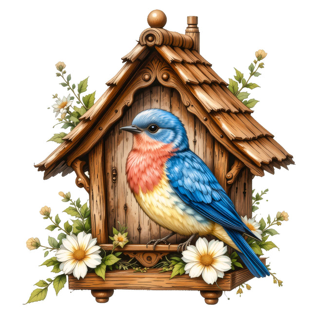 A digitally printed 100% cotton fabric panel featuring a colorful bird sitting on a wooden birdhouse with floral designs.