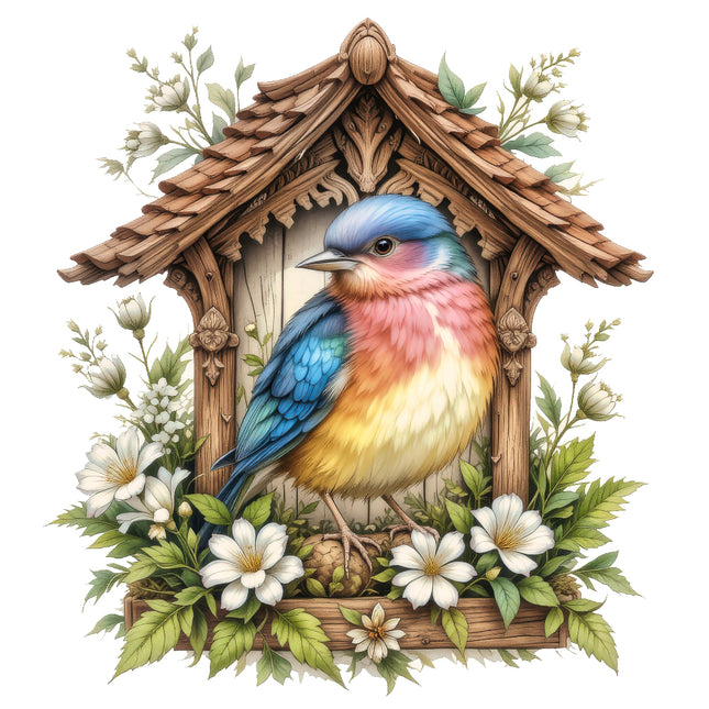 A digitally printed 100% cotton fabric panel featuring a colorful bird sitting in a wooden birdhouse