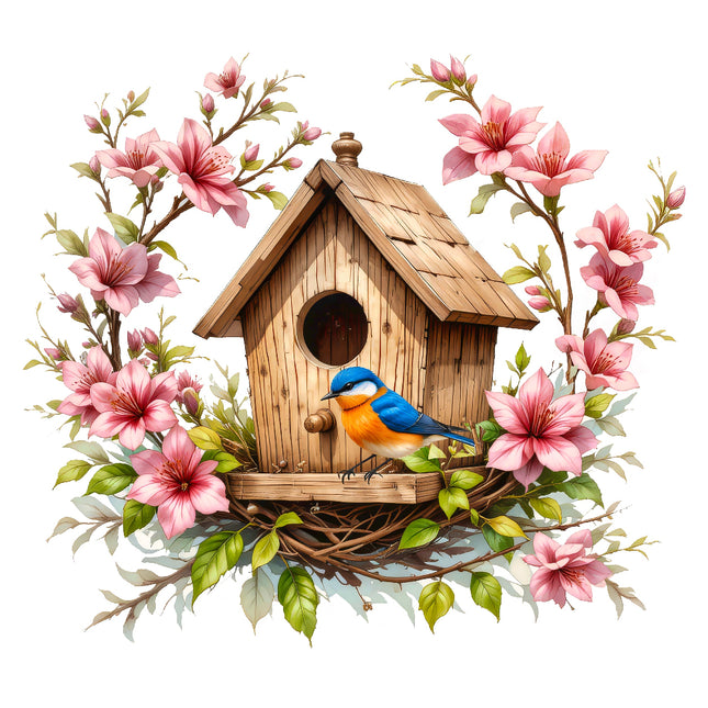 A fabric panel block featuring a digitally printed birdhouse with a blue bird perched on it, surrounded by pink flowers and green leaves.