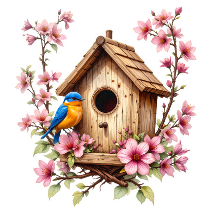 A fabric panel featuring a wooden birdhouse with a blue bird perched on it