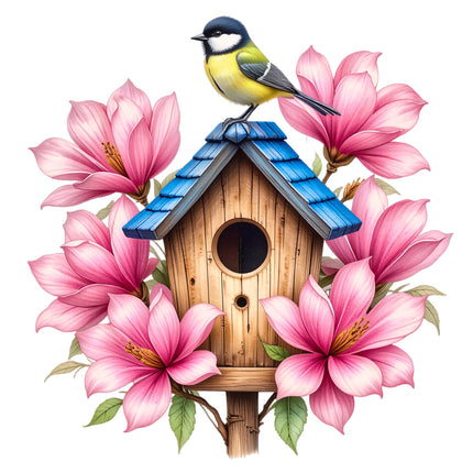 A fabric panel block featuring a wooden birdhouse with a blue roof and a bird perched on it, surrounded by pink flowers.