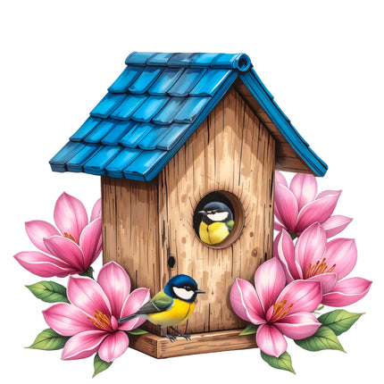 A fabric panel block depicting a wooden birdhouse with a blue roof, surrounded by pink flowers and a bird perched on the side.