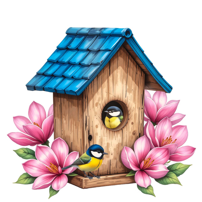 A fabric panel block depicting a wooden birdhouse with a blue roof, surrounded by pink flowers and a bird perched on the side.