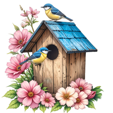 A fabric panel featuring a wooden birdhouse with a blue roof, surrounded by pink and white flowers and two blue birds.