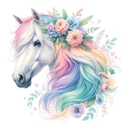A colorful illustration of a horse with pastel rainbow-colored mane and floral decorations fabric panel