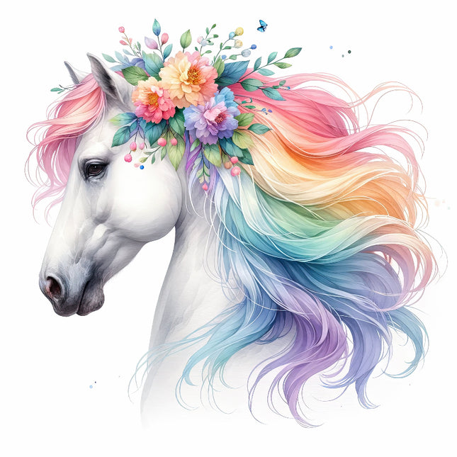 A fabric panel featuring a white horse with a multicolored mane and floral decoration on the top.