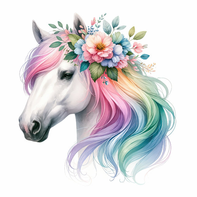 A fabric panel featuring a white horse with a multicolored mane and floral decoration on its head.