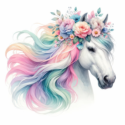 A fabric panel featuring a pastel-colored horse with a floral wreath on its head and a multi-colored mane.