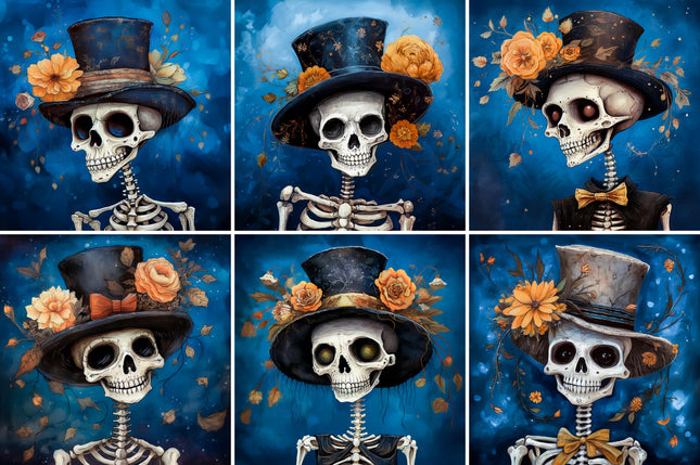 6 Piece 6"x6" Halloween Skeletons 100% Cotton Fabric Panel Squares Quilting Blocks