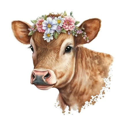 Cow With Flowers 100% Cotton Fabric Panel Block A85