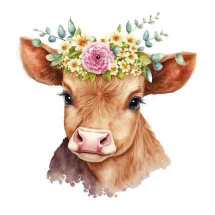 Cow With Flowers 100% Cotton Fabric Panel Block A417