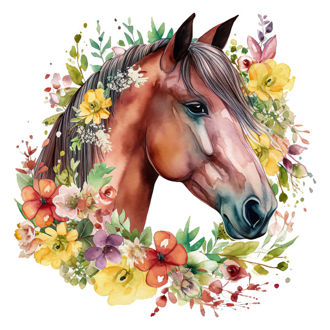 A fabric panel featuring a digitally printed horse with floral designs around it, in vibrant colors on a white background.