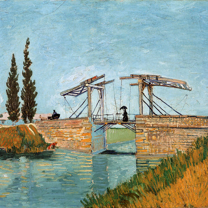 A fabric panel featuring a digitally printed reproduction of Vincent Van Gogh's painting 'The Langlois Bridge At Arle Drawbridge' on 100% cotton material.