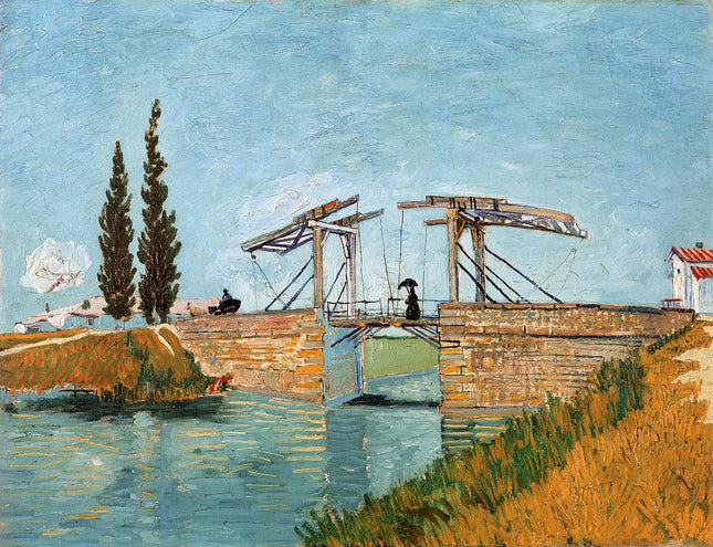 A fabric panel featuring a digitally printed reproduction of Vincent Van Gogh's painting 'The Langlois Bridge At Arle Drawbridge' on 100% cotton material.
