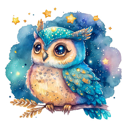 A digitally printed 100% cotton fabric panel featuring a whimsical illustration of an owl with stars and a night sky background.