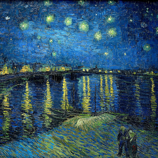 A fabric panel featuring a quilted and digitally printed design based on Vincent Van Gogh's 'Starry Night Over Rhone' painting, with stars and a night sky over a river.