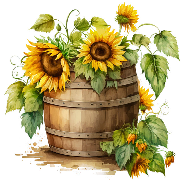 A fabric panel block featuring a digitally printed pattern of sunflowers with green leaves on a wooden barrel